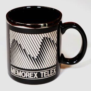 Vintage MEMOREX TELEX Ceramic Coffee Mug Cup Black & Silver/Chrome